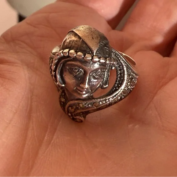 Antique Art deco 1920’s Sterling silver art Nouveau Flapper Face Ring - Picture 9 of 17